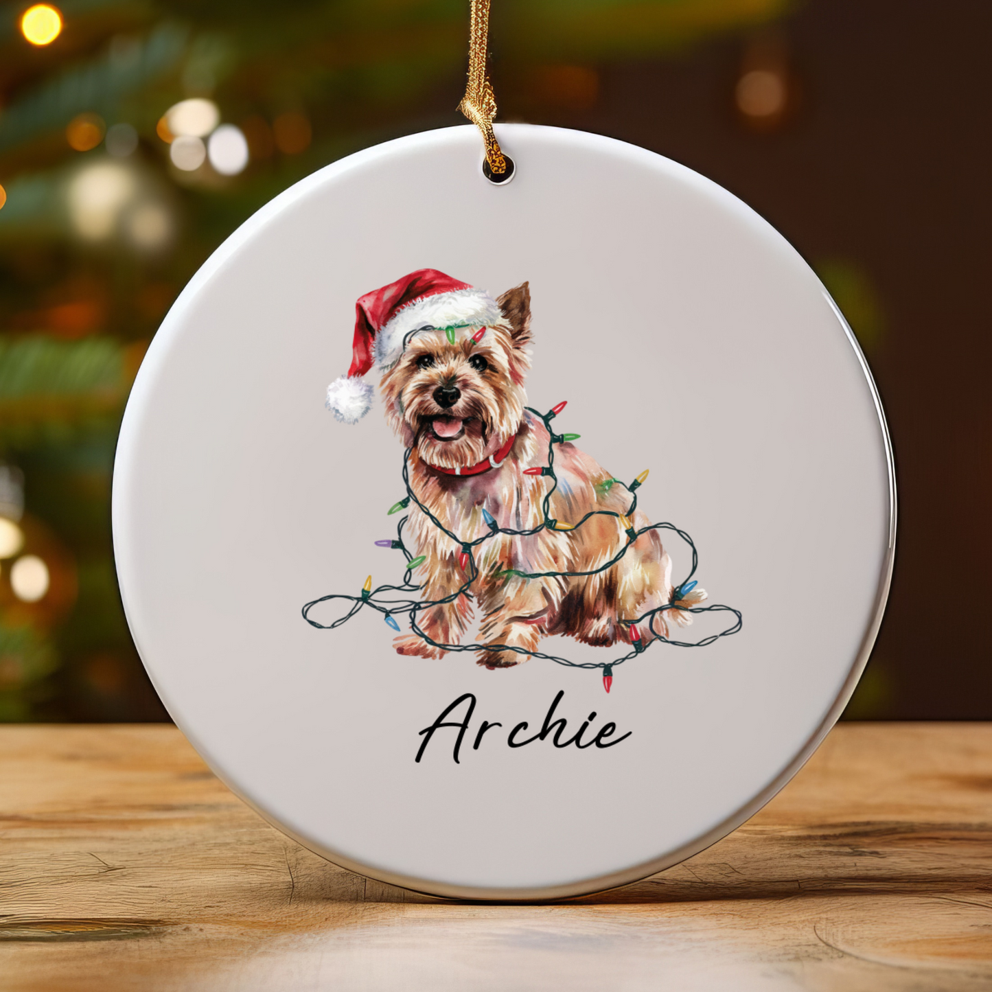 Personalized Cairn Terrier Christmas Ornament, Festive Dog Lights Keepsake, Ceramic Tree Decoration