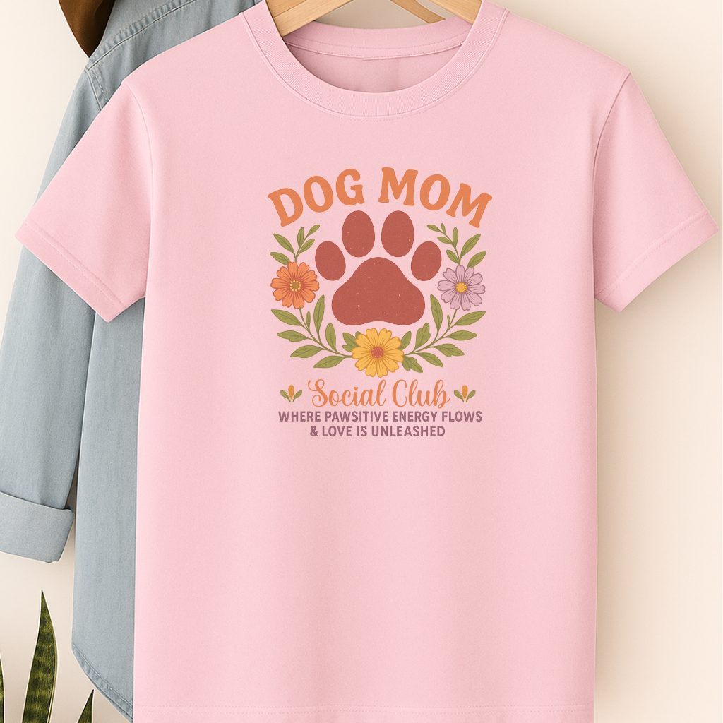 Dog Mom Social Club T-Shirt – Pawsitive Energy & Love Unleashed Floral Paw Design