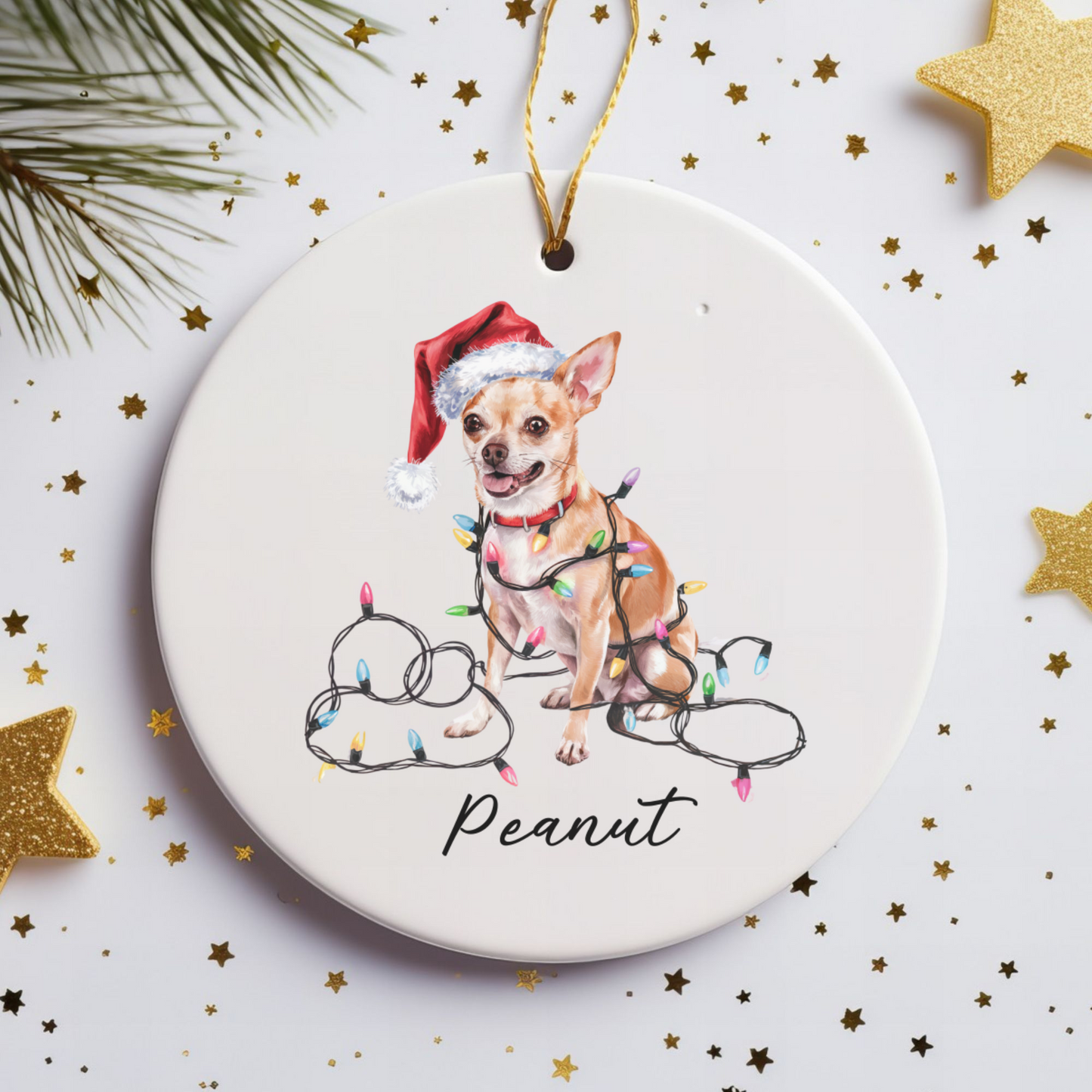 Personalized Tan Chihuahua Christmas Ornament, Custom Dog Name Holiday Keepsake, Ceramic Decor