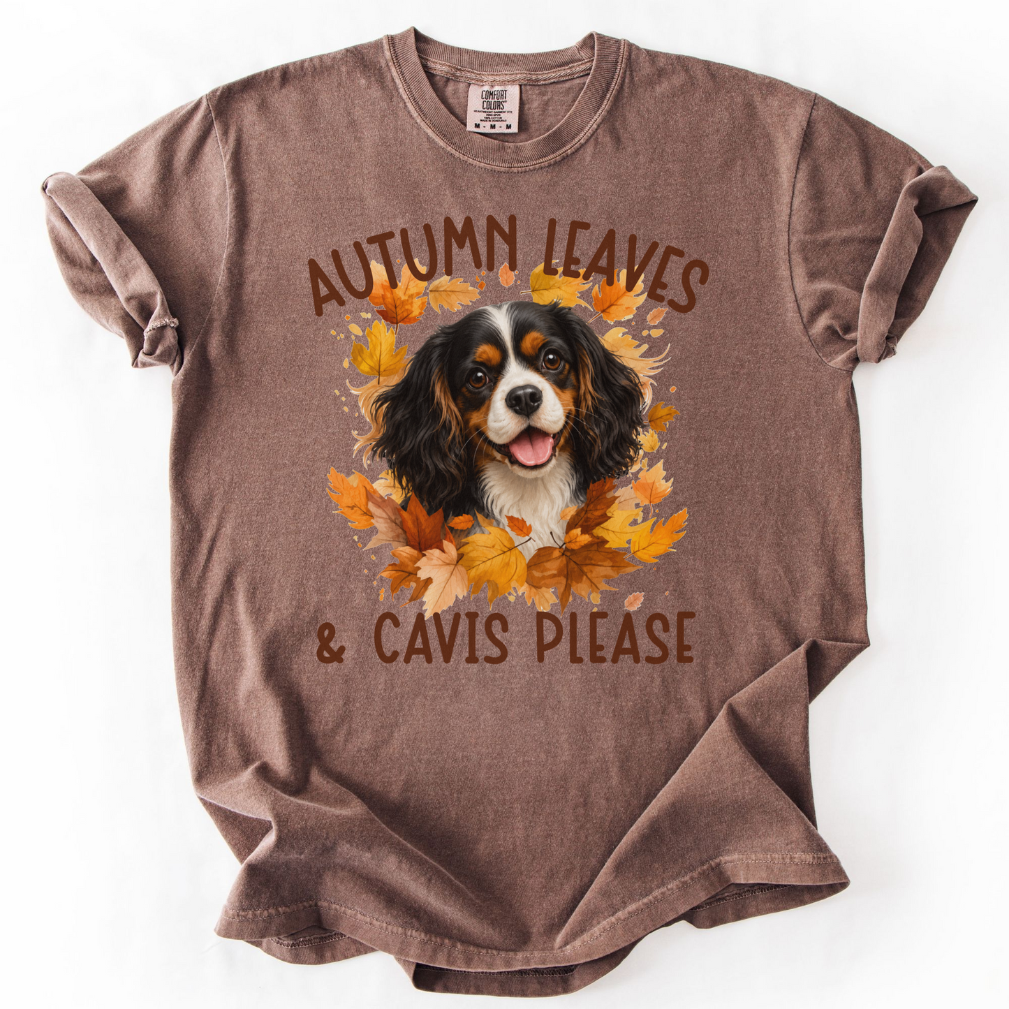Tricolor Cavalier Mom Fall Shirt, Autumn Leaves & Cavaliers Please