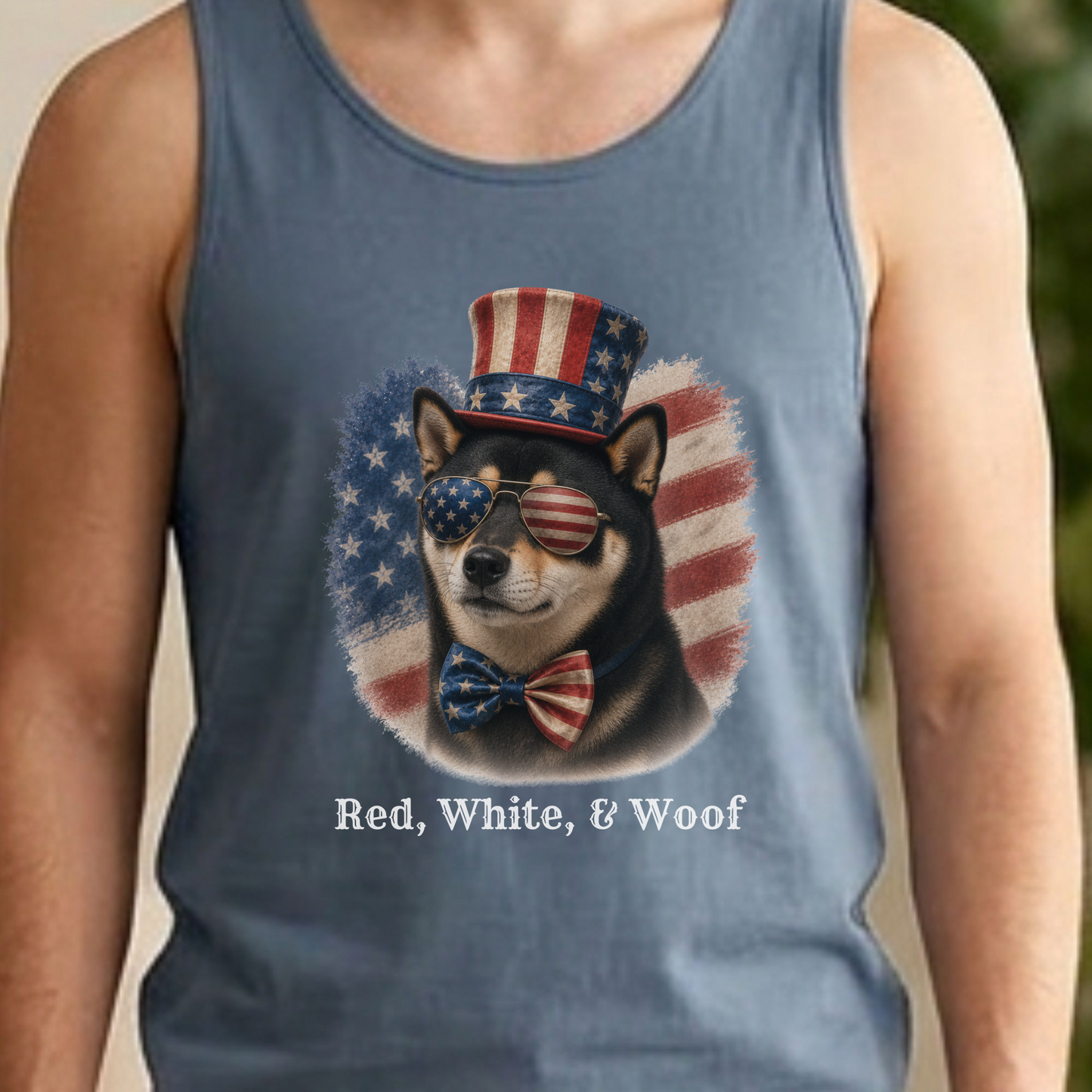 Patriotic Black Shiba Inu Tank Top, Red White & Woof
