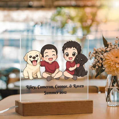 Custom Family Pet Portrait Plaque, Chibi Style Keepsake, Kawaii Cartoon Gift, Personalized LED Decor, Gift for Families