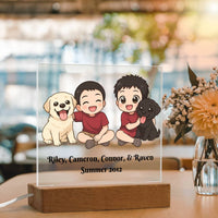 Load image into Gallery viewer, Custom Family Pet Portrait Plaque, Chibi Style Keepsake, Kawaii Cartoon Gift, Personalized LED Decor, Gift for Families
