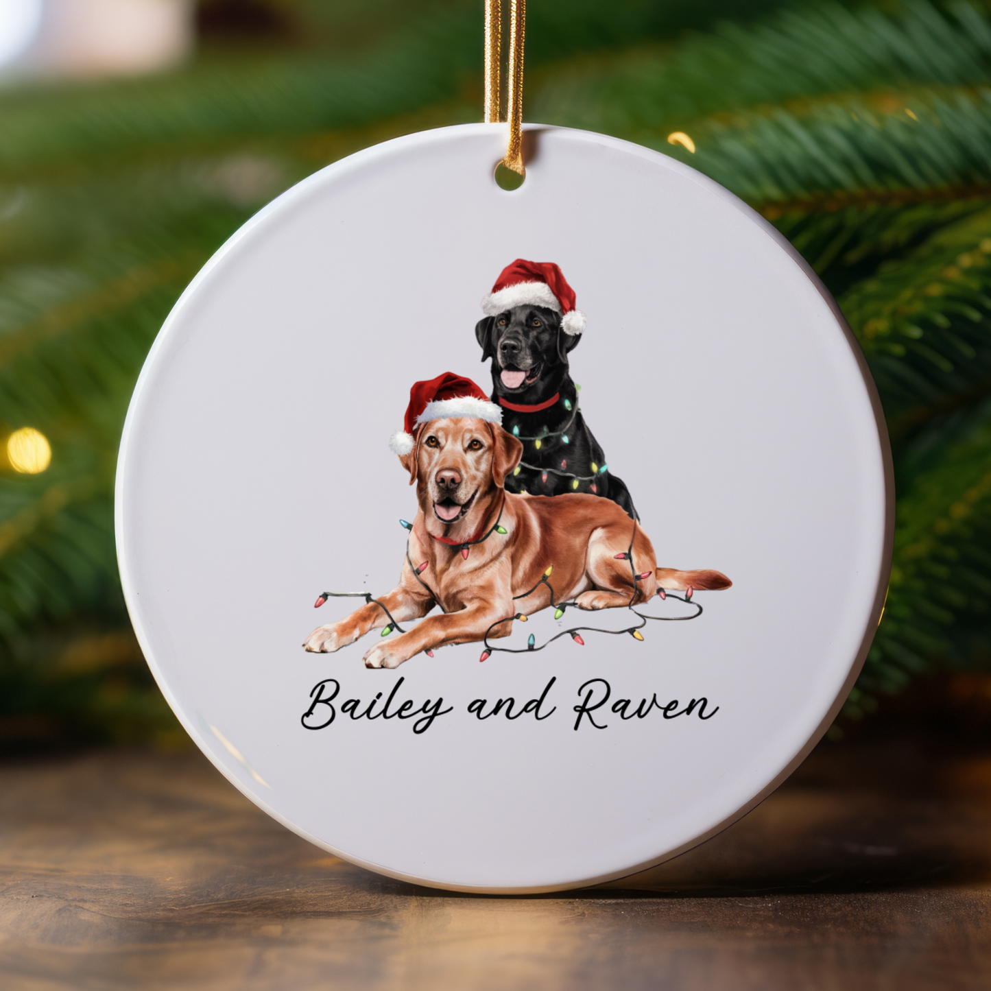 Personalized Red Fox and Black Labrador Christmas Lights Ornament