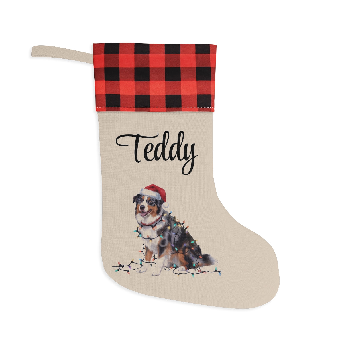 Personalized Christmas Australian Shepherd Stocking, Xmas Decor, Plaid Cuff Holiday Stocking