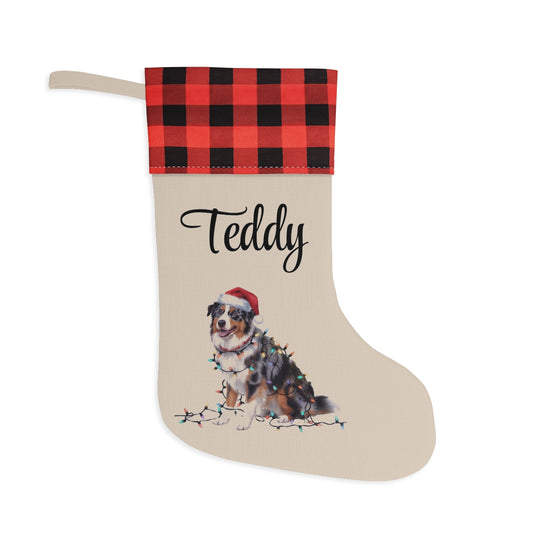 Personalized Christmas Australian Shepherd Stocking, Xmas Decor, Plaid Cuff Holiday Stocking