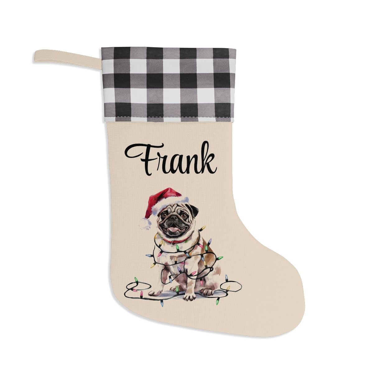 Personalized Tan Pug Christmas Stocking, Holiday Decor Gift for Pet Lovers