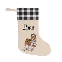 Load image into Gallery viewer, Personalized Akita Christmas Dog Stocking, Custom Holiday Decor, Plaid Cuff Pet Lover Gift
