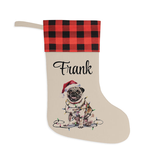 Personalized Tan Pug Christmas Stocking, Holiday Decor Gift for Pet Lovers