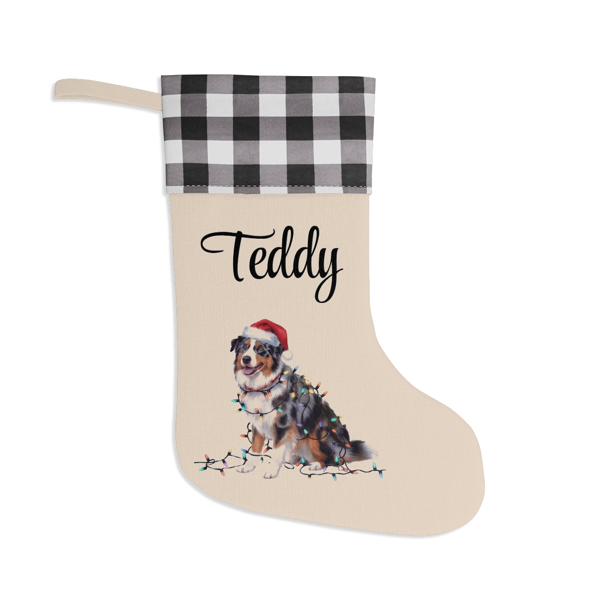Personalized Christmas Australian Shepherd Stocking, Xmas Decor, Plaid Cuff Holiday Stocking