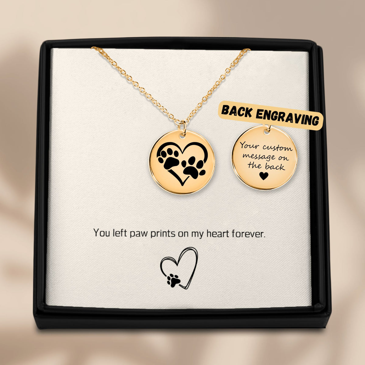 Custom Paw Print Heart Necklace – Personalized Pet Memorial Jewelry with Engraving, Gold or Rose Gold