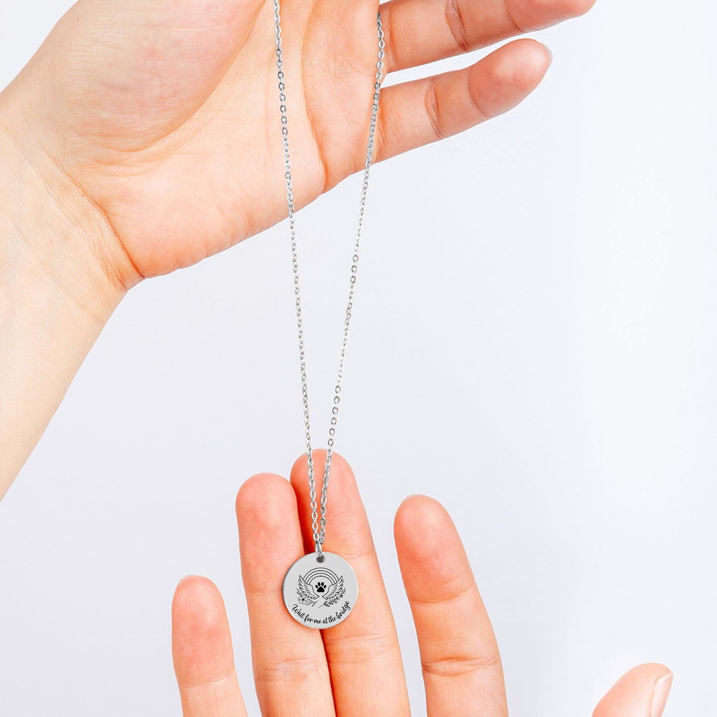 Personalized Pet Memorial Necklace Rainbow Bridge Paw Print Charm, Custom Engraving, Stainless Steel, Gold, or Rose Gold