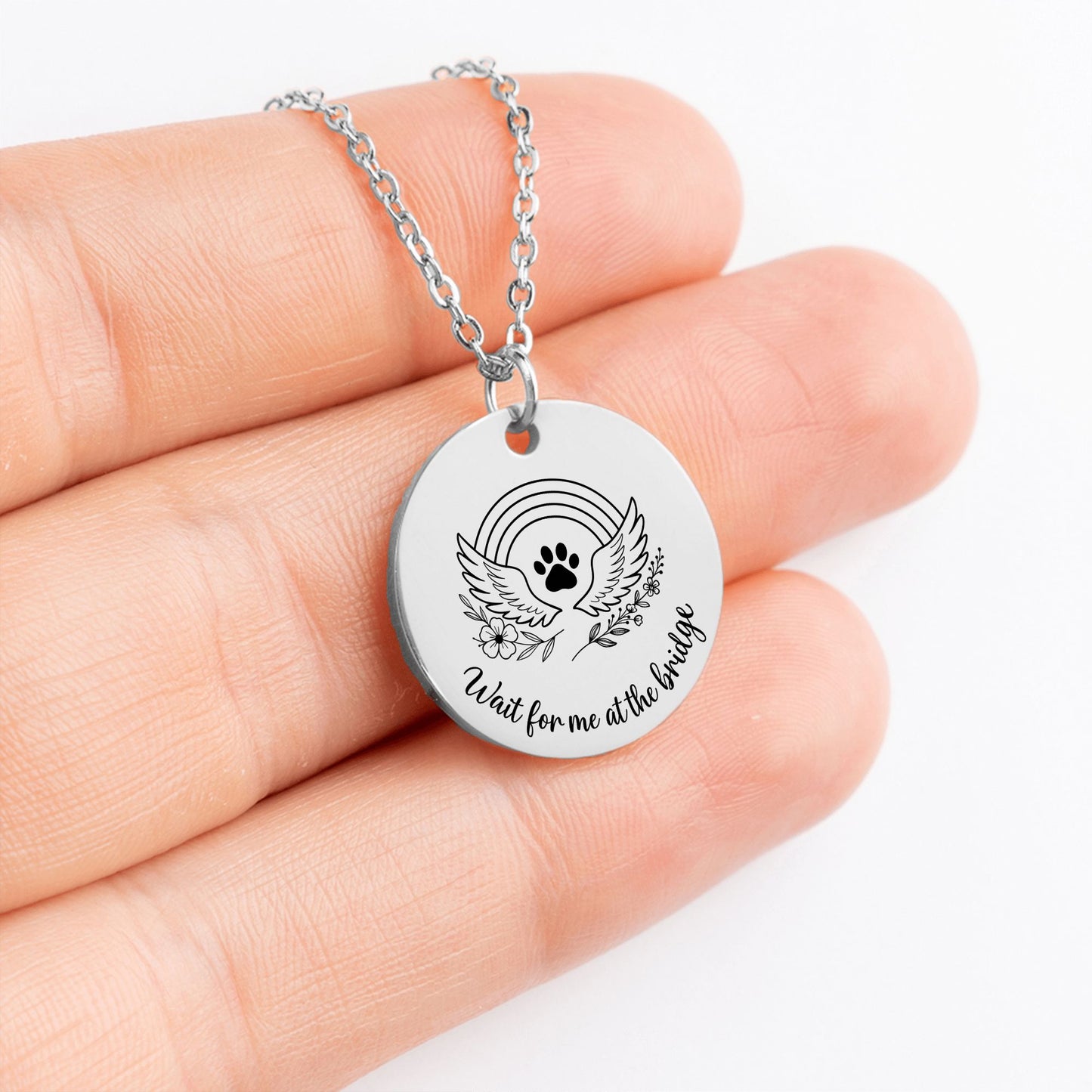 Personalized Pet Memorial Necklace Rainbow Bridge Paw Print Charm, Custom Engraving, Stainless Steel, Gold, or Rose Gold