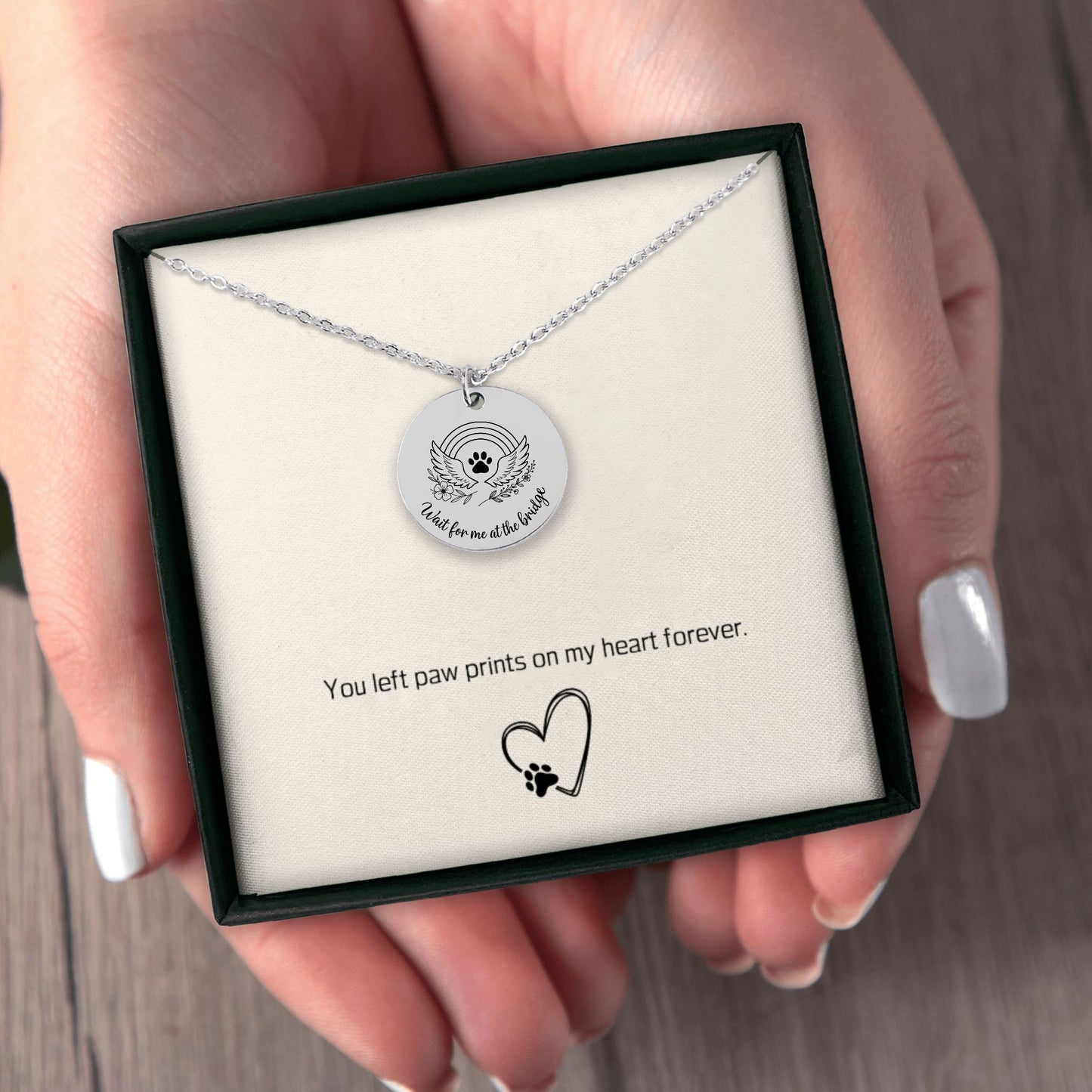 Personalized Pet Memorial Necklace Rainbow Bridge Paw Print Charm, Custom Engraving, Stainless Steel, Gold, or Rose Gold