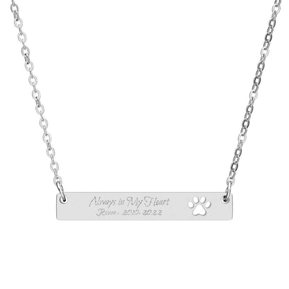 Personalized Pet Memorial Engraved Paw Print Bar Necklace, Always in My Heart Dog or Cat Loss Gift