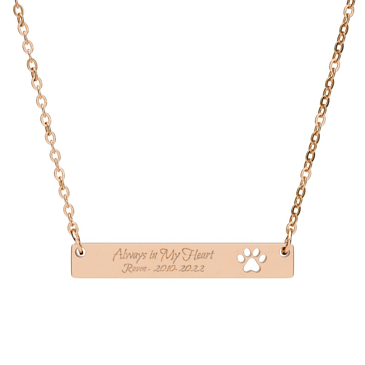 Personalized Pet Memorial Engraved Paw Print Bar Necklace, Always in My Heart Dog or Cat Loss Gift