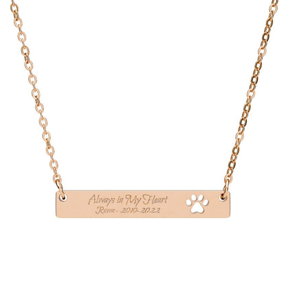 Personalized Pet Memorial Engraved Paw Print Bar Necklace, Always in My Heart Dog or Cat Loss Gift