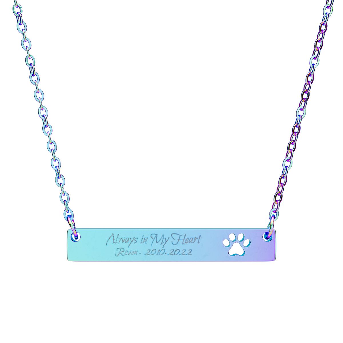 Personalized Pet Memorial Engraved Paw Print Bar Necklace, Always in My Heart Dog or Cat Loss Gift