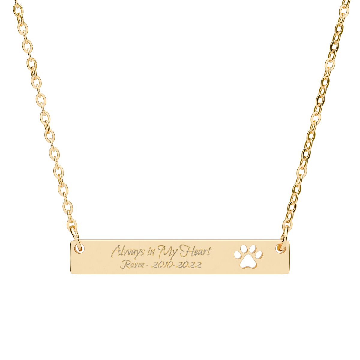 Personalized Pet Memorial Engraved Paw Print Bar Necklace, Always in My Heart Dog or Cat Loss Gift