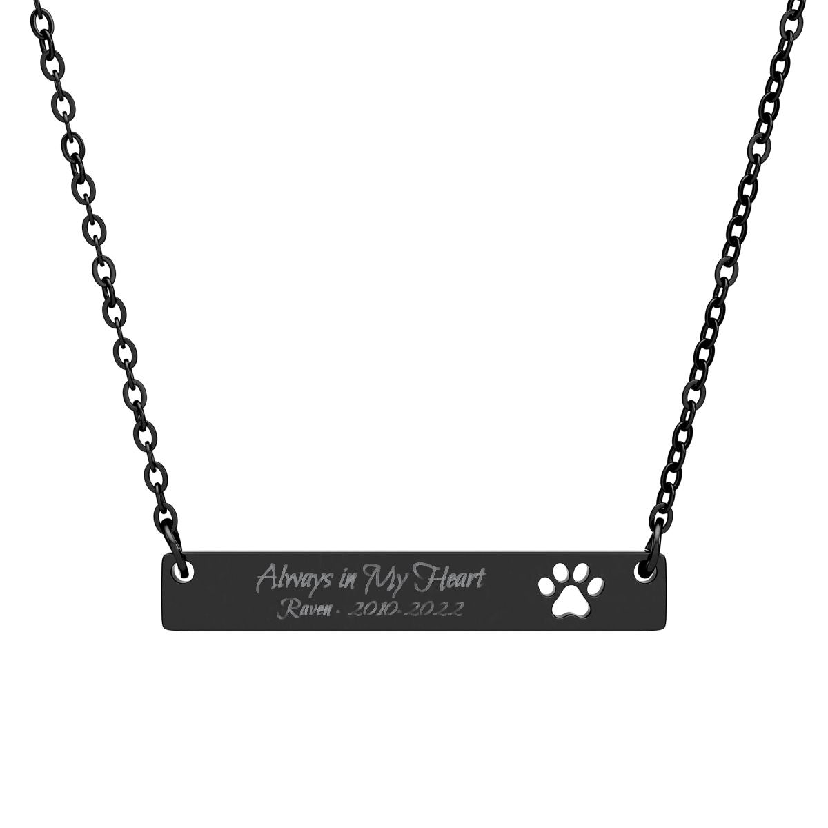 Personalized Pet Memorial Engraved Paw Print Bar Necklace, Always in My Heart Dog or Cat Loss Gift