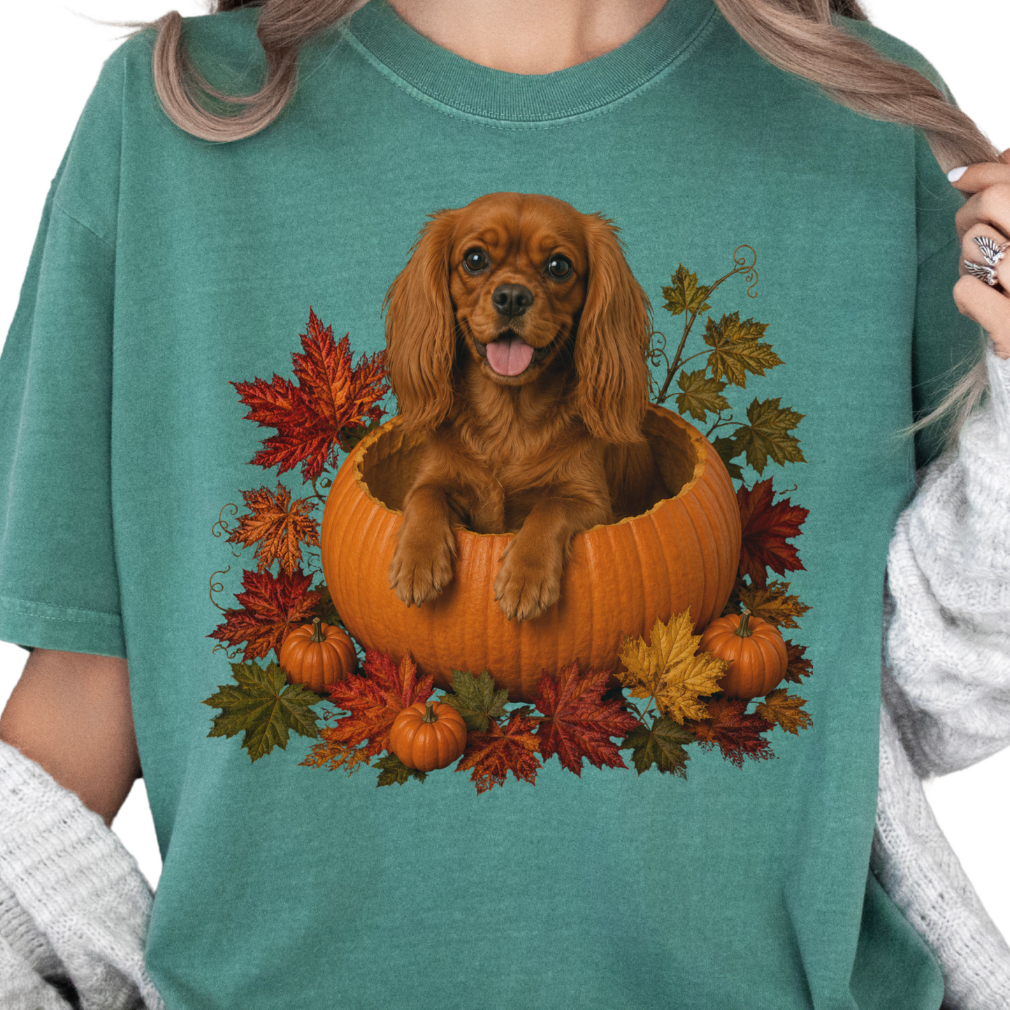 Ruby Cavalier King Charles in Pumpkin Fall Shirt, Cute Autumn Dog Tee for Spaniel Lovers