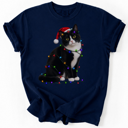 Tuxedo Cat Christmas Lights Shirt, Comfort Colors Holiday Cat Lover Tee