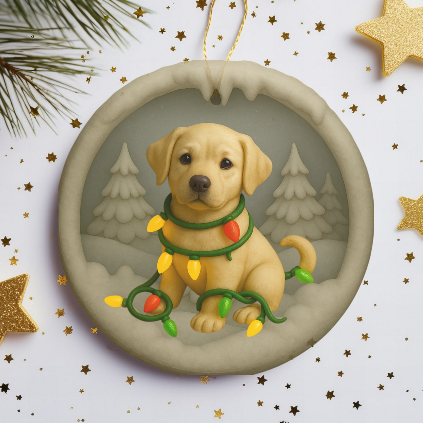 Personalized Yellow Lab Christmas Ornament, Custom Labrador Retriever with Holiday Lights Keepsake