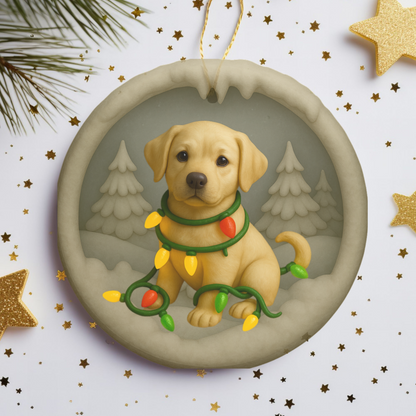 Personalized Yellow Lab Christmas Ornament, Custom Labrador Retriever with Holiday Lights Keepsake