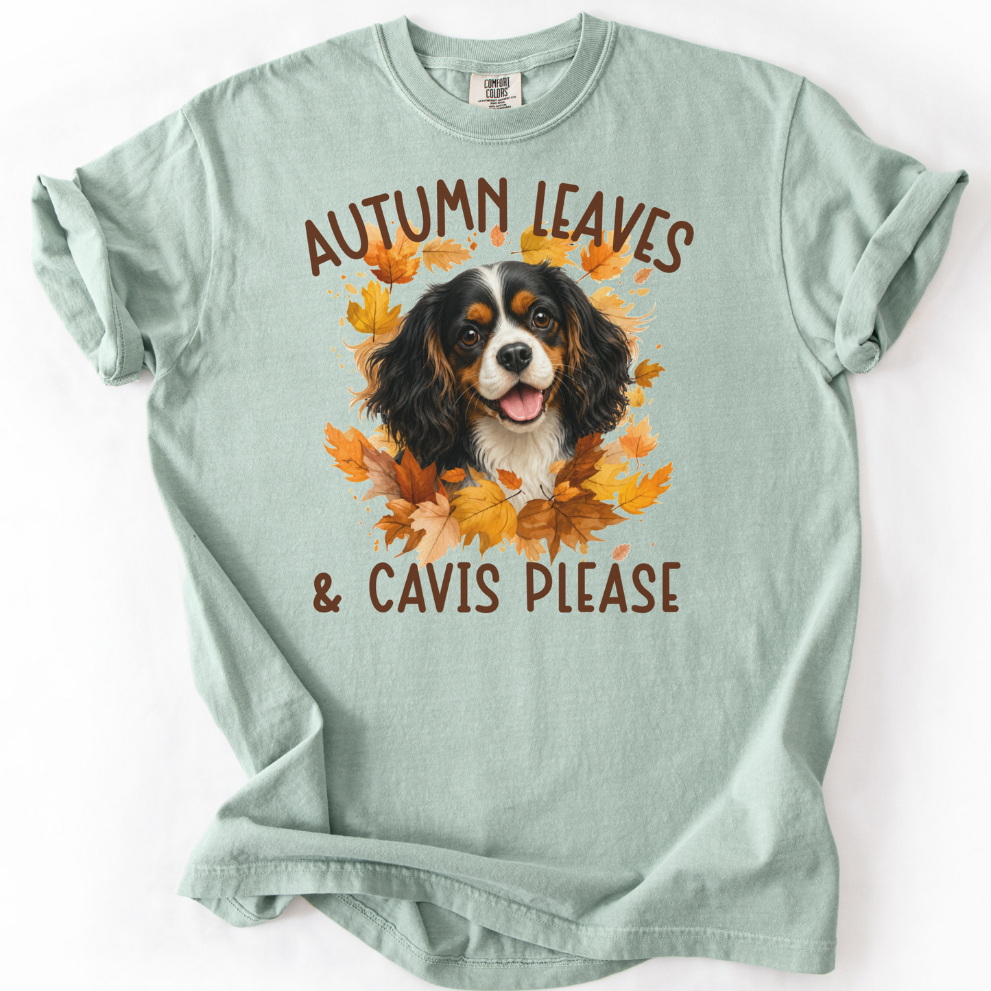 Tricolor Cavalier Mom Fall Shirt, Autumn Leaves & Cavaliers Please