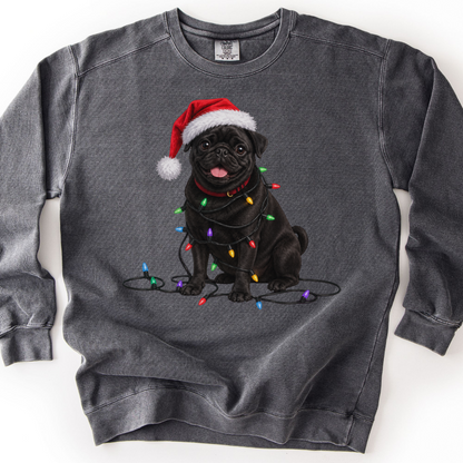 Black Pug Christmas Lights Sweatshirt, Festive Dog Lover Holiday Sweater