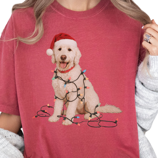 White Goldendoodle Christmas Lights T-Shirt, Comfort Colors Dog Lover Holiday Tee
