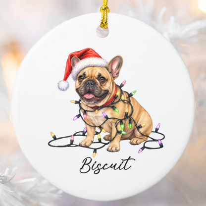 Personalized Fawn French Bulldog Ceramic Ornament, Dog Christmas Gift, Festive Lights Keepsake