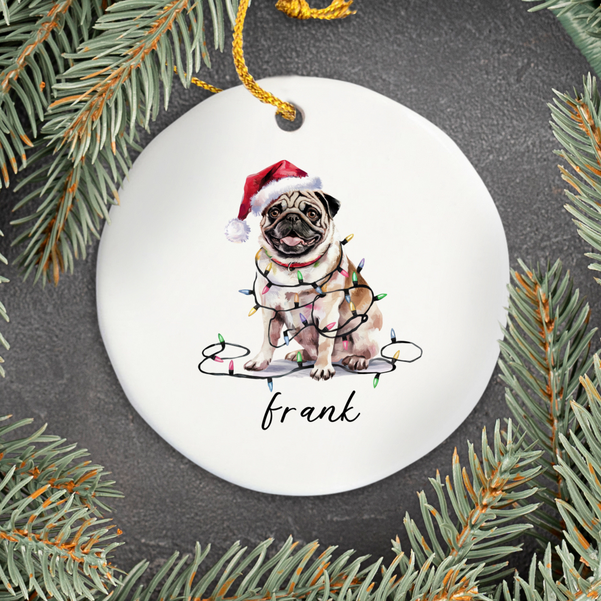 Round Pug Christmas Ornament, Personalized Tan Pug Keepsake, Custom Pet Gift, Holiday Decoration, Dog Lover Gift, Ceramic Ornament