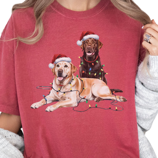 Yellow and Chocolate Labrador Christmas Shirt, Dog Santa Hat Tee, Festive Holiday Dog Art, Labrador Retriever Gift