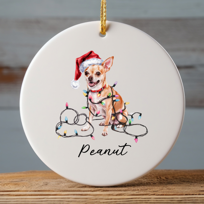 Personalized Tan Chihuahua Christmas Ornament, Custom Dog Name Holiday Keepsake, Ceramic Decor