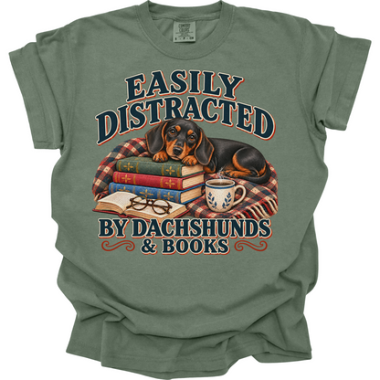 Black Tan Dachshund Shirt, Easily Distracted by Dachshunds and Books, Doxie Book Lover Tee