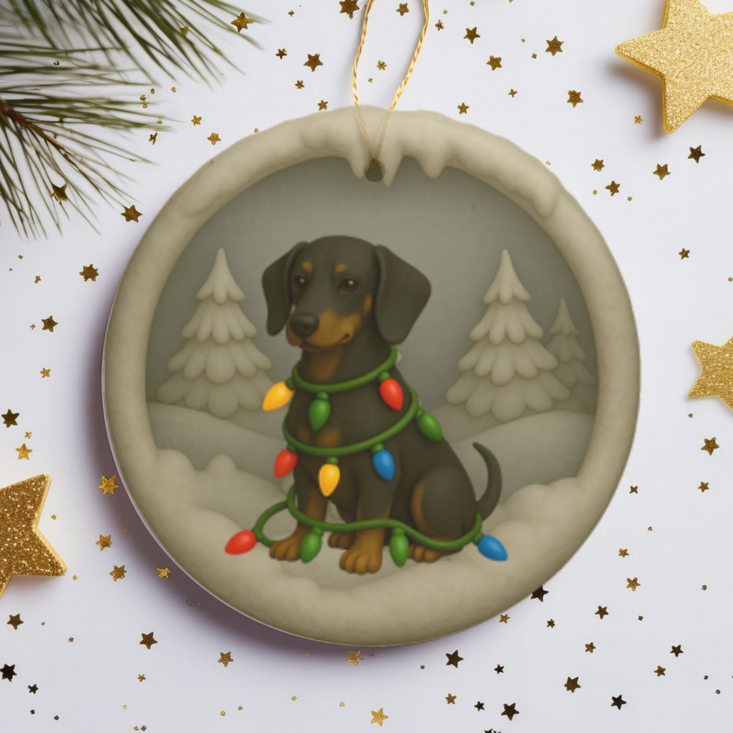 Personalized Black & Tan Dachshund Christmas Ornament, 3D Clay-Style Dog Keepsake with Lights