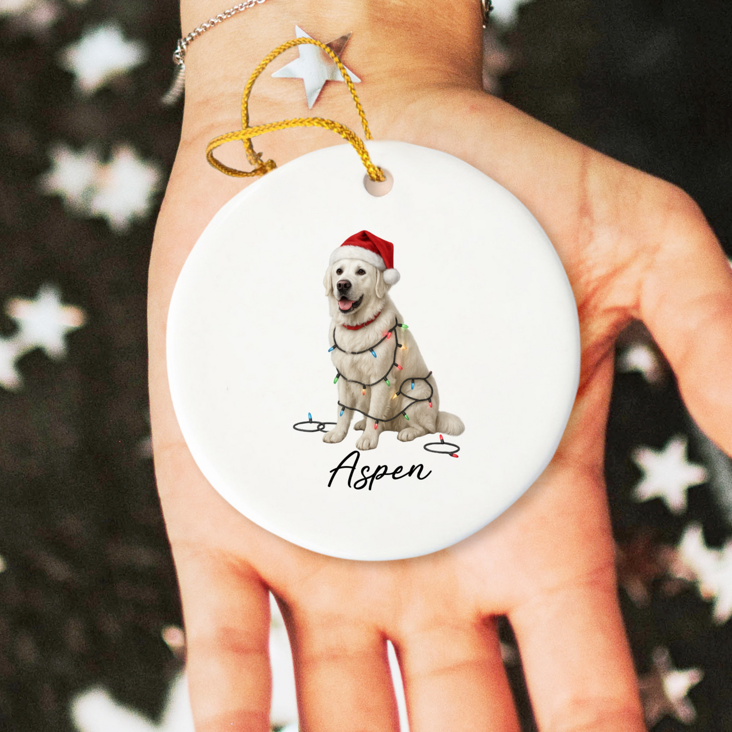 Personalized English Cream Golden Retriever Christmas Lights Ornament