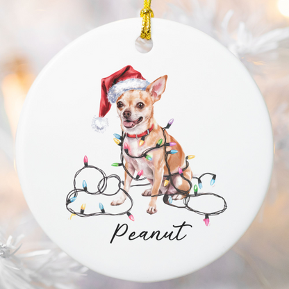 Personalized Tan Chihuahua Christmas Ornament, Custom Dog Name Holiday Keepsake, Ceramic Decor