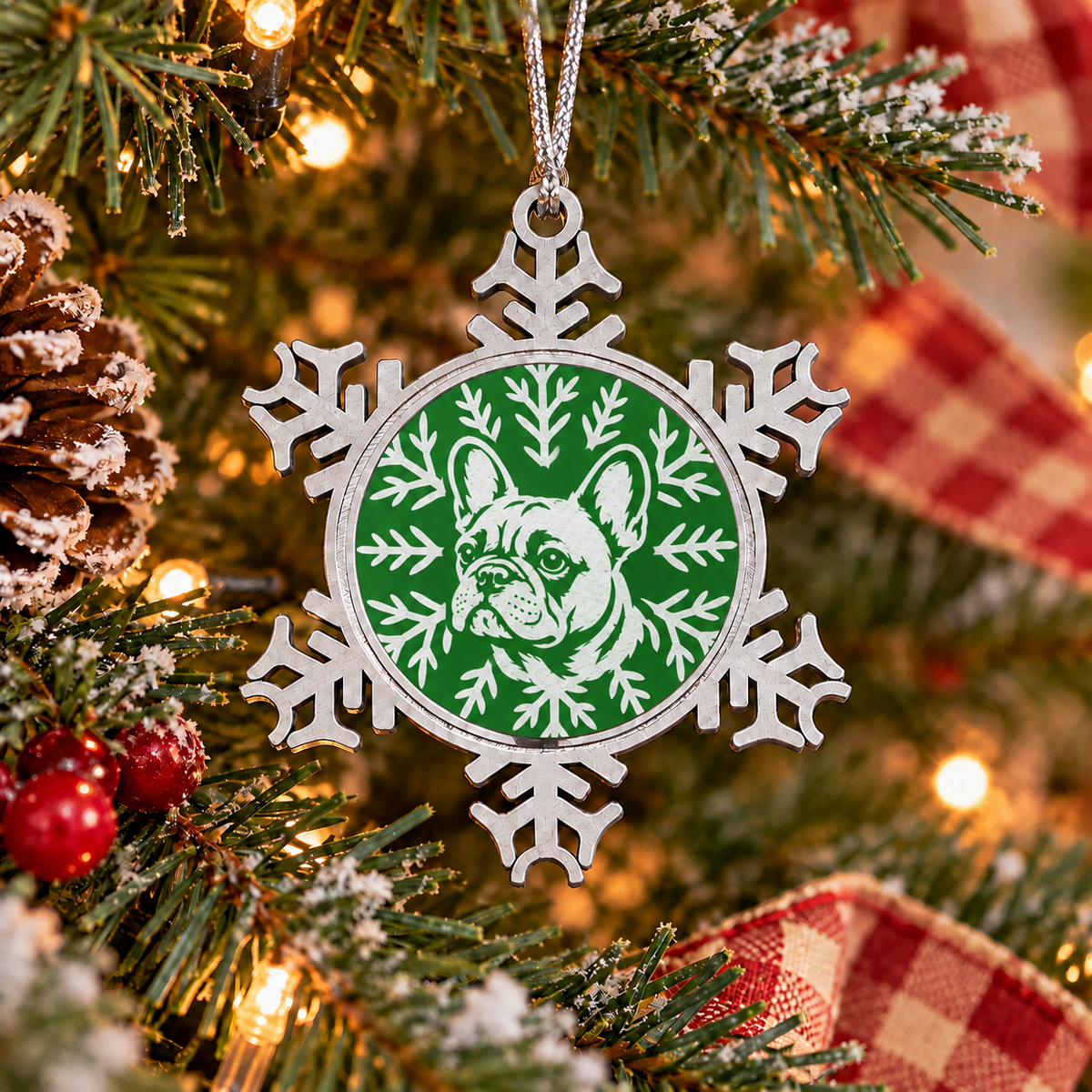French Bulldog Ornament, Pewter Snowflake Christmas Ornament, Frenchie Lover Gift