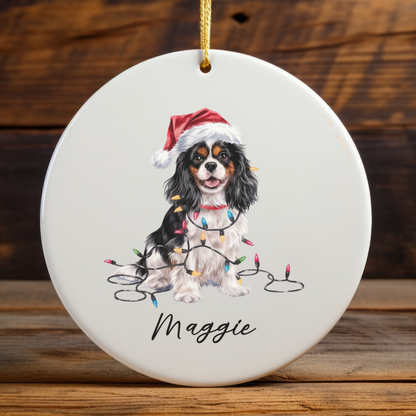 Personalized Tricolor Cavalier King Charles Spaniel Christmas Ornament, Ceramic Dog Lover Gift
