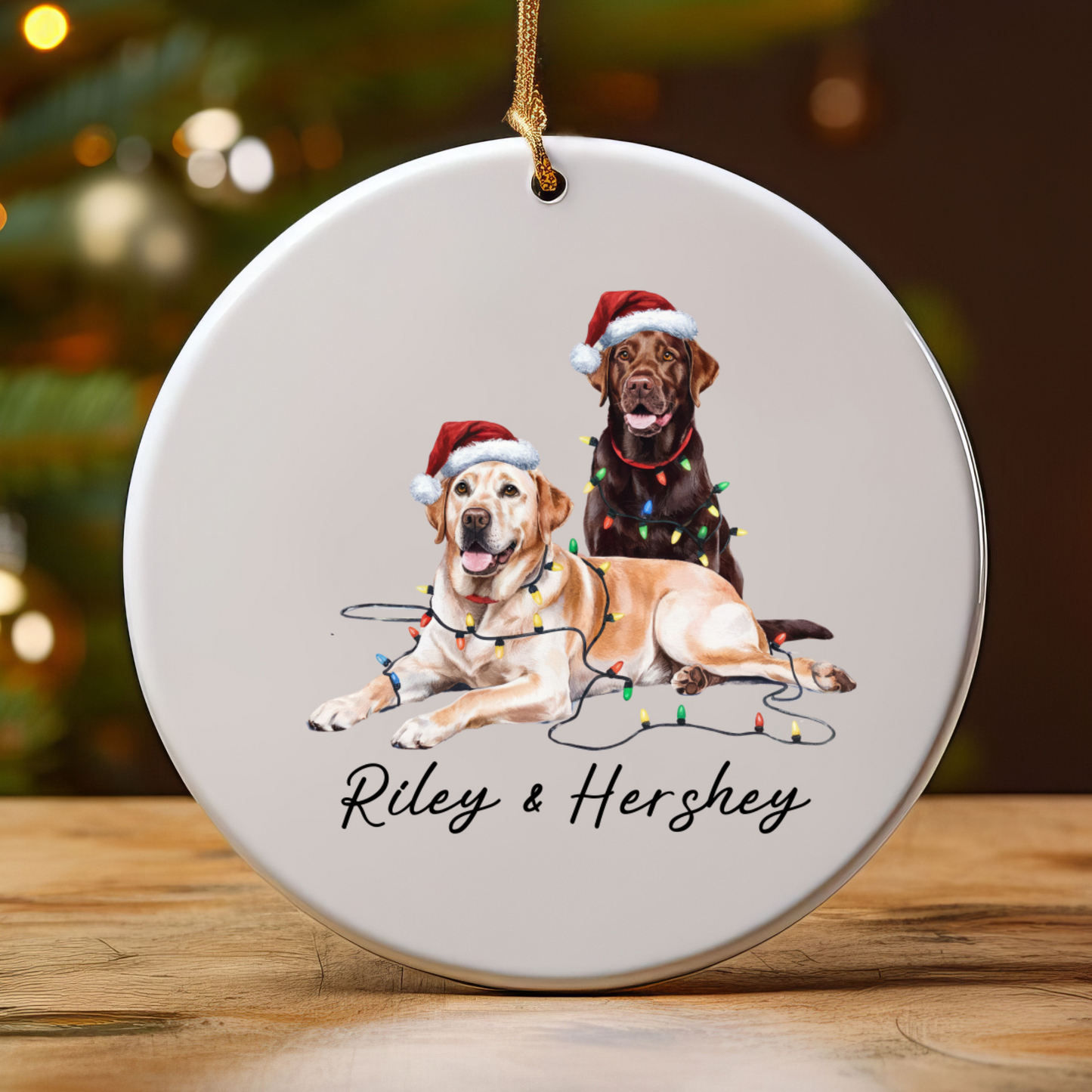 Chocolate and Yellow Labradors Ornament, Personalized Dog Christmas Decor