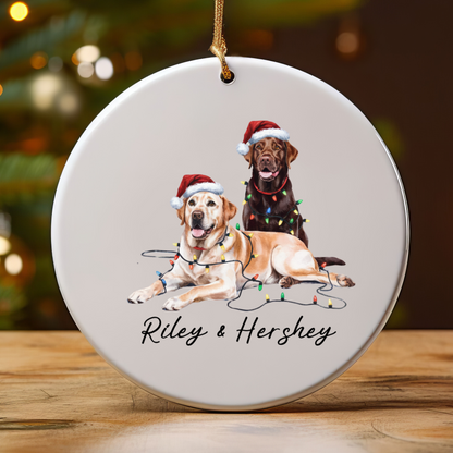 Chocolate and Yellow Labradors Ornament, Personalized Dog Christmas Decor