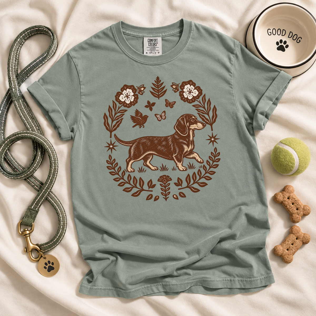 Black and Tan Dachshund Comfort Colors Shirt, Folk Art Doxie Tee, Wiener Dog Gift