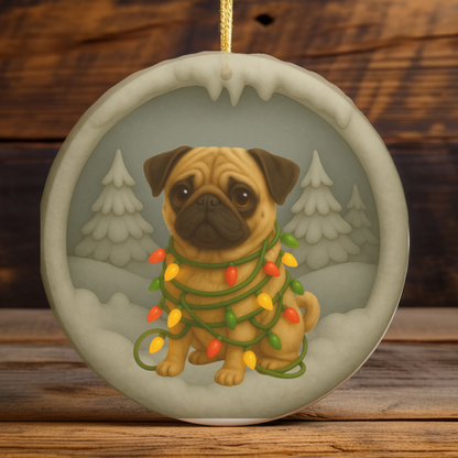 Personalized Tan Pug Christmas Ornament, 3D Clay-Style Dog Keepsake with Lights