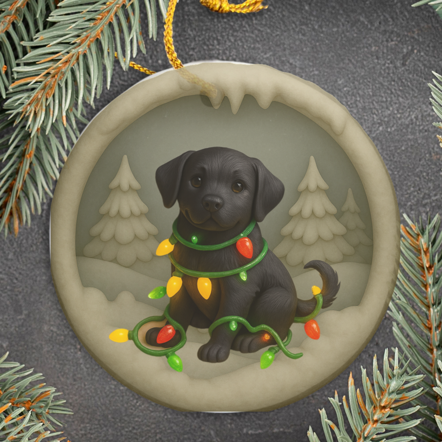 Black Lab Christmas Ornament, Personalized Labrador Retriever Puppy with Holiday Lights, Custom Dog Lover Gift, Tree Decoration
