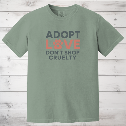 Adopt Love Don’t Shop Cruelty T-Shirt – Puppy Mill Awareness Shirt for Dog Rescue Advocates