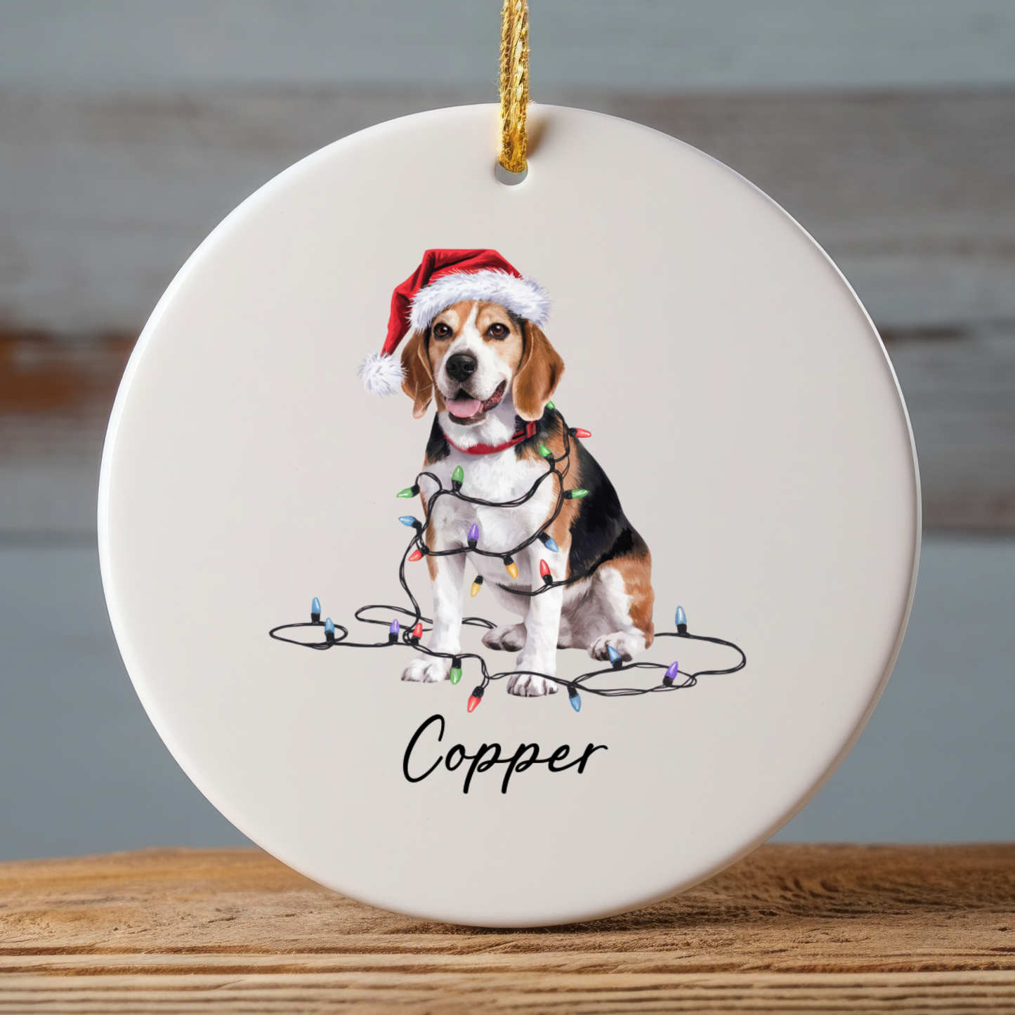Personalized Beagle Christmas Ornament, Ceramic Dog Holiday Keepsake, Santa Hat Lights Beagle