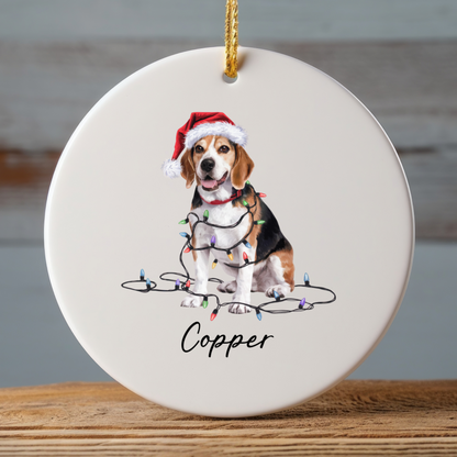 Personalized Beagle Christmas Ornament, Ceramic Dog Holiday Keepsake, Santa Hat Lights Beagle