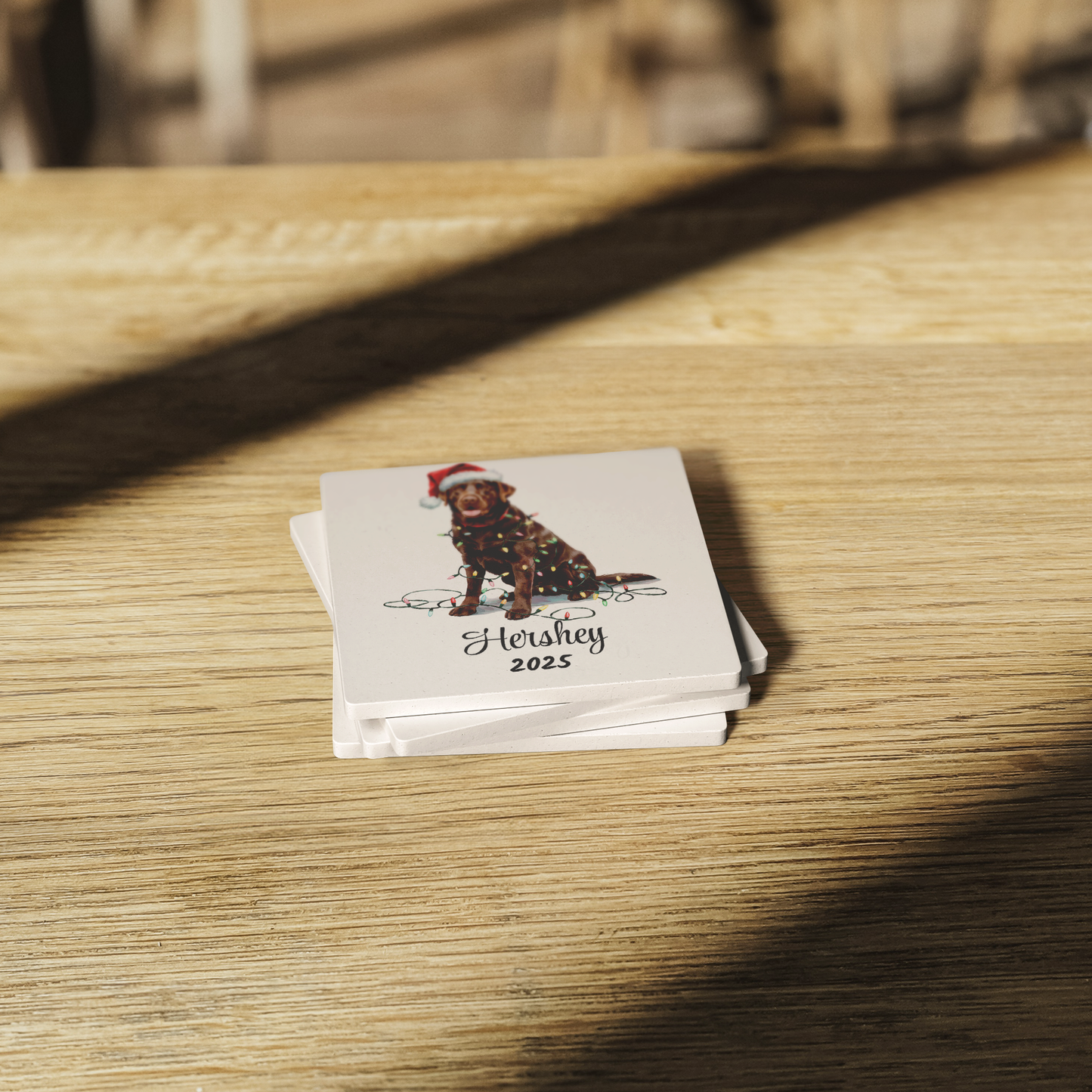 Personalized Chocolate Lab Dog Christmas Lights Coasters